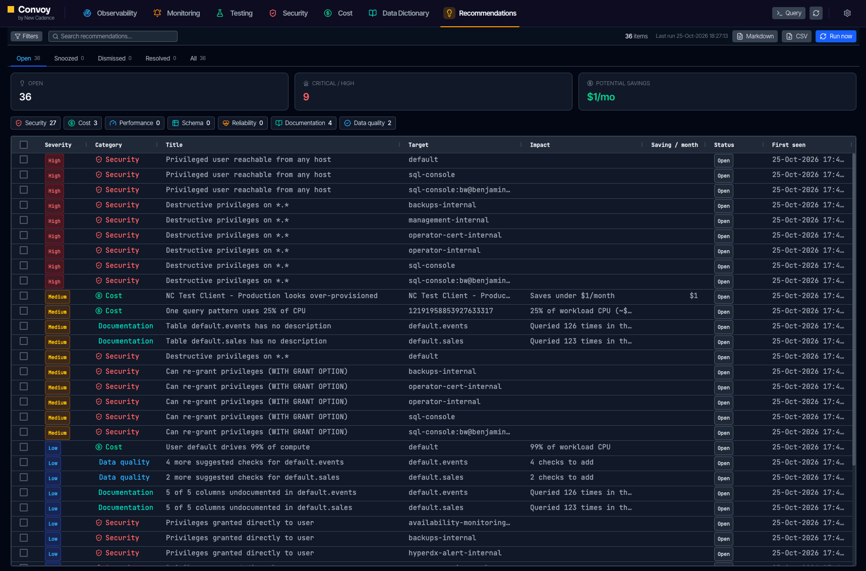Convoy recommendations view listing prioritised security, cost, documentation and data quality findings